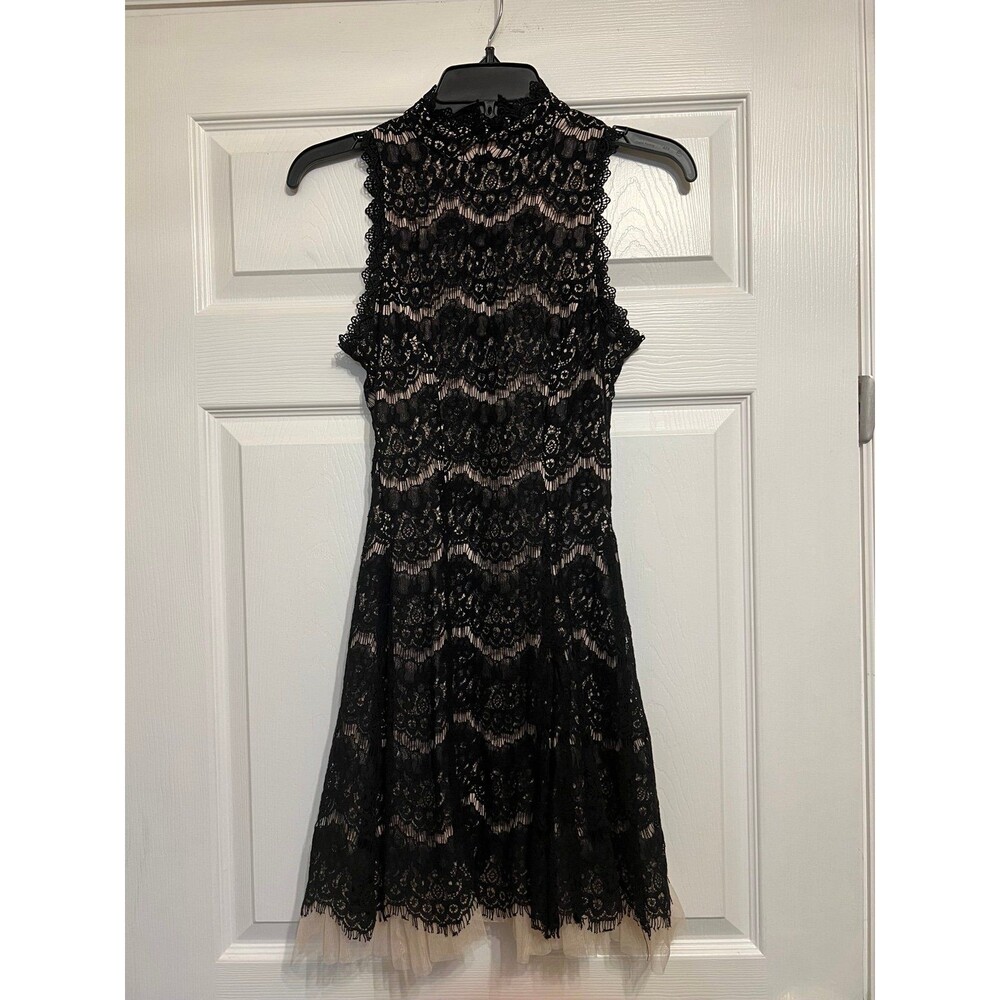 Francesca’s Black Lace Mock Neck Arabelle A-Line Dress Size XS